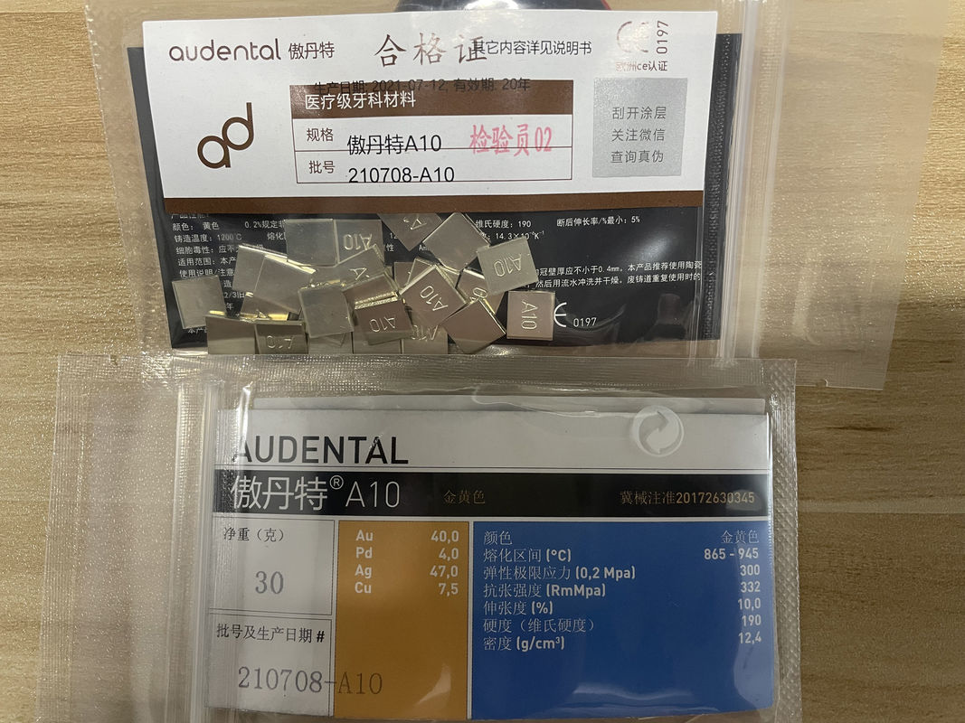 Audental A10 alliage de métaux nobles jaune Au40% pour les restaurations de couronne et de pont
