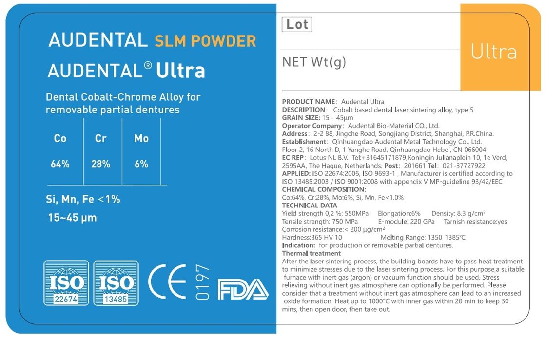 Audental Ultra SLM poudre/CoCrMo/CE,FDA,IdentAlloy/impression en métal 3D dentaire